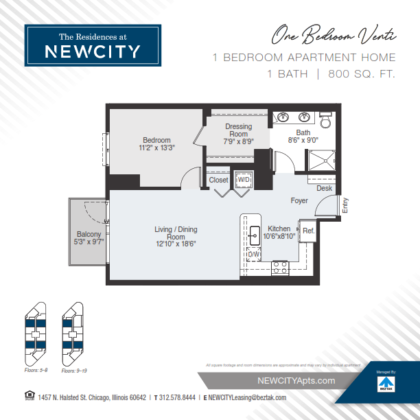 Floor plan for 1 bed, 1 bath, 800 sqft